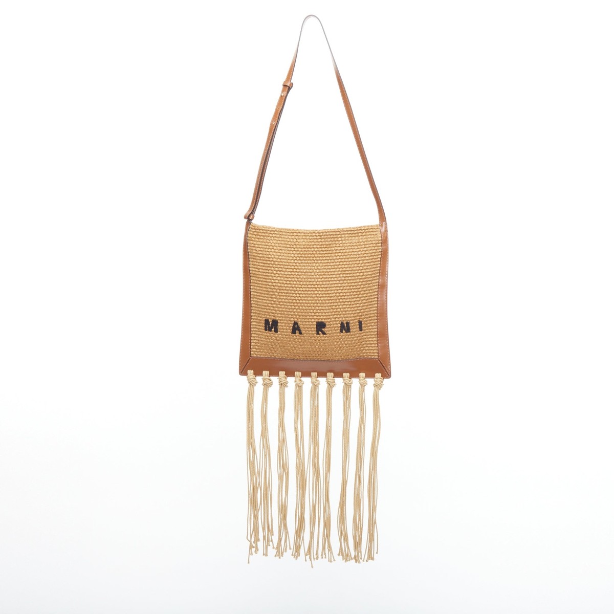 MARNI brown raffia fringe leather trim black logo crossbody MARNI brown raffia fringe leather trim black logo crossbody