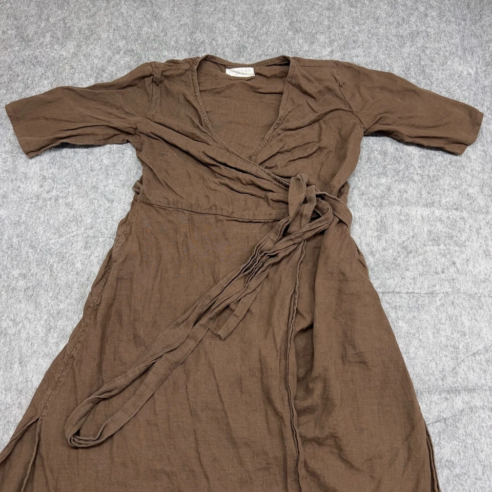 Vestido Pavietra Para Mujer XL Marrón Estilo Midi Envolvente Ranura Alta Preppy Lino Lagenlook Foto 4 de 4
