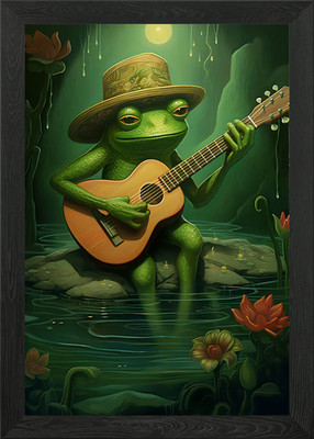 Gerahmtes Wandbild Poster grüner Frosch spielt Gitarre Leinwanddruck Bild