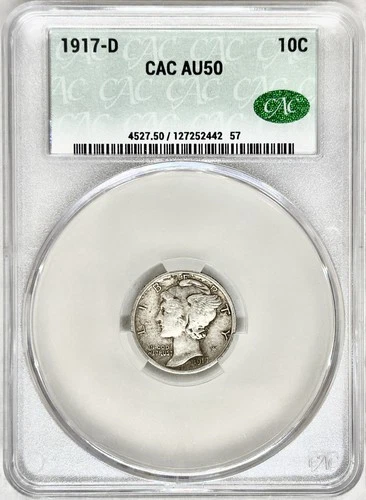 1917 D MERCURY DIME CACG AU50