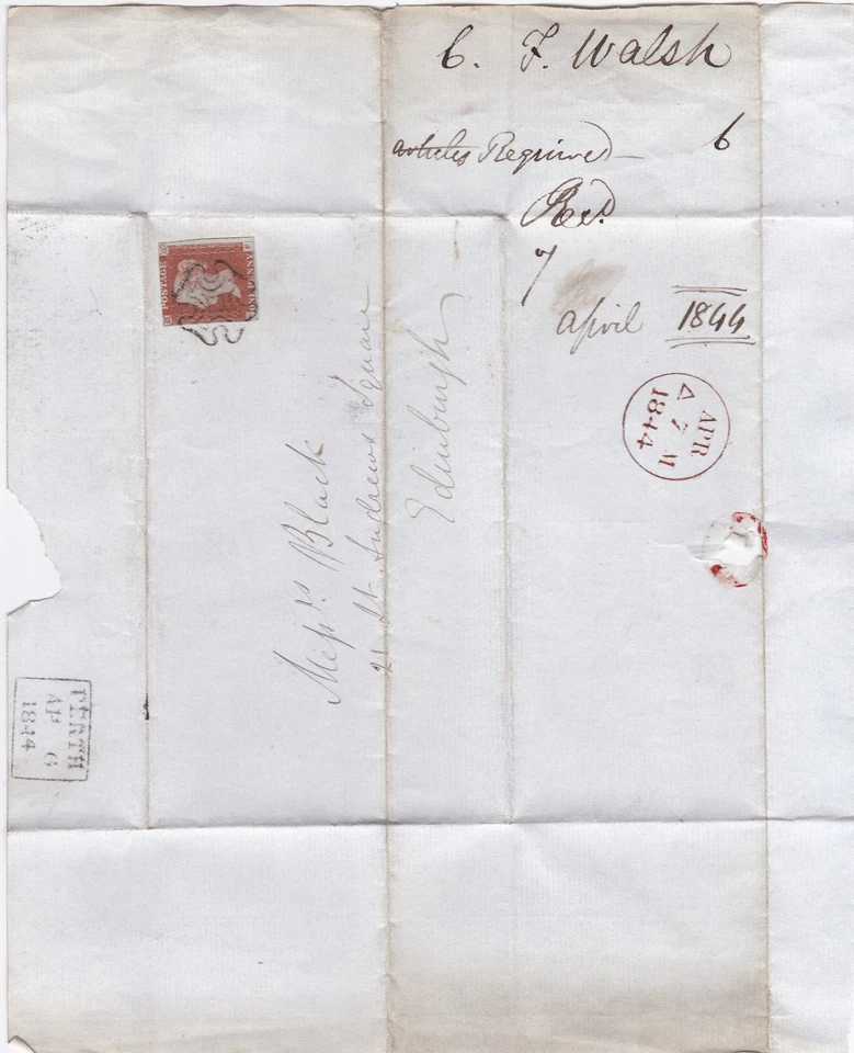 1844 QV FINO 1 PENIQUE SELLO ROJO PERTH MX CRUZ MALTESA EN ENVOLTORIO A EDINBURGO Foto 2 de 3