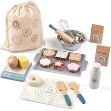 Wooden Play Food Sets for Kids, Pretend Play Kitchen Accessories with Shoppin...