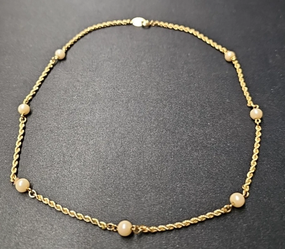 Trifari цепочка ожерелье золотистый искусственный жемчуг бисер подписанный винтажный - Изображение 4 из 4