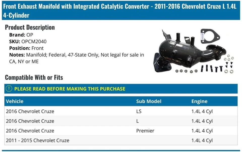 Convertidor catalítico delantero - Chevrolet Cruze 2011-2016, 1,4 L turbo Foto 2 de 2