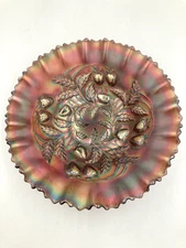 vtg northwood carnival glass bowl - amethyst~purple base - strawberry/basket VGC