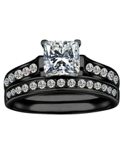 Black Stainless Steel 2pc Set White/Colorless Square CZ & Inlay Ring Size 7