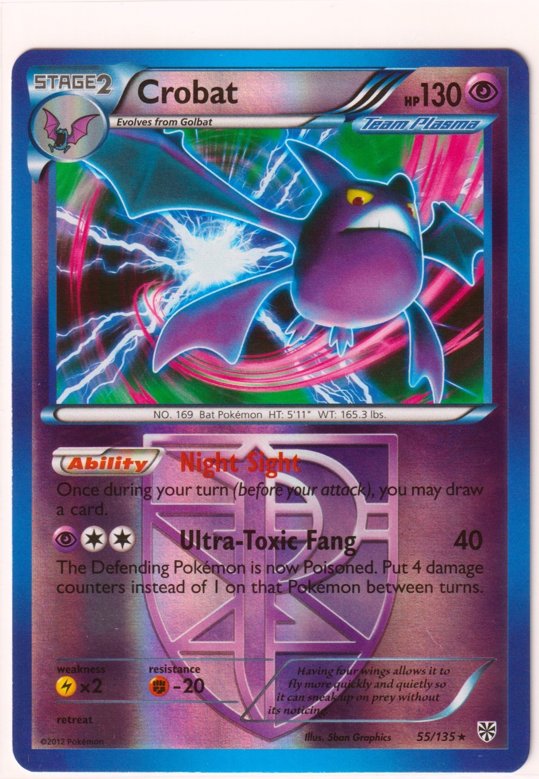 POKEMON 2012 CROBAT (Team Plasma) 55/135 PLASMA STORM- RARE- REVERSE HOLO NM