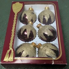 Lot 6 Visions By Holly Burgundy With Gold Glitter Glass Christmas Ornaments