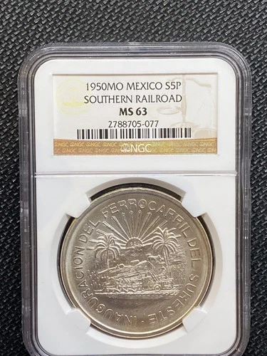 1950 Mexico 5 peso Southern Railroad Ferrocarril NGC MS63 silver NO RESERVE