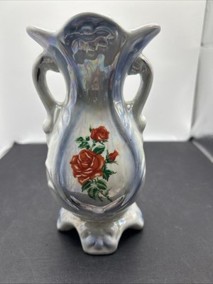 Vintage iridescent Rococo rose vase, also known as a lusterware vase.