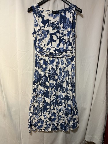 Women's Navy Blue and White Floral Sleeveless Dress - Perceptions Brand A-Line