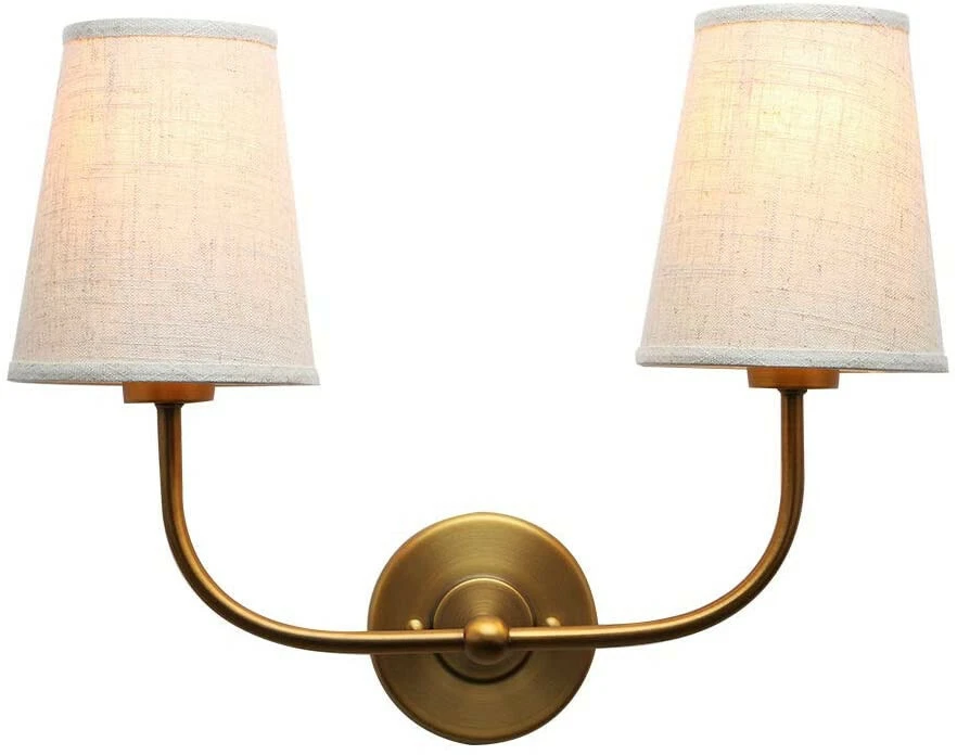 Vintage 2 Light Beige Linen Fabric Shade Double Sconce Bedroom