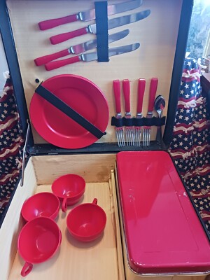 1950s Picnic Basket Suitcase And Hard Shell Black .with Red Dishes Some Damage