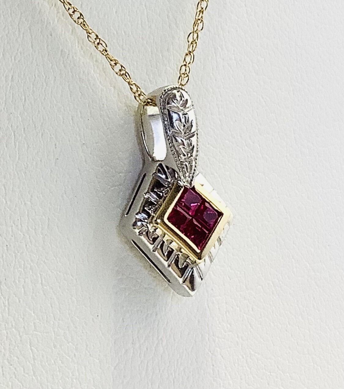 Solid 14k Ruby Princess Cut White & Yellow Gold P… - image 4