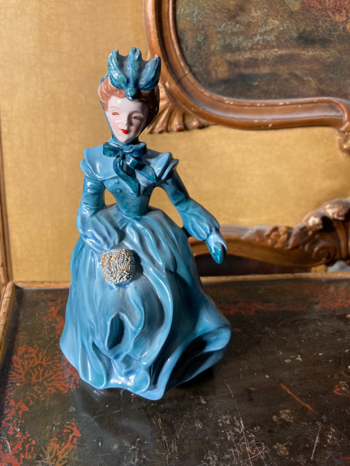 Vintage Florence Ceramics Edith Lady Figurine in Blue Green Dress 7.5 Inches