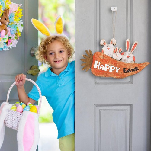 NEW Easter Hanging Wall Sign Rabbit Decor Bunny Door Carrot Happy Easter Spring - Picture 4 of 7
