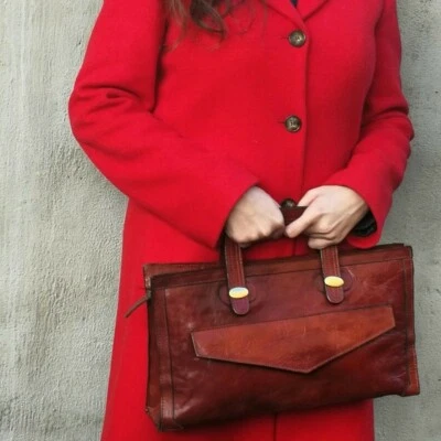 Sac à bras sac à main vintage cuir véritable rouge laiton velours marron - Photo 1/4