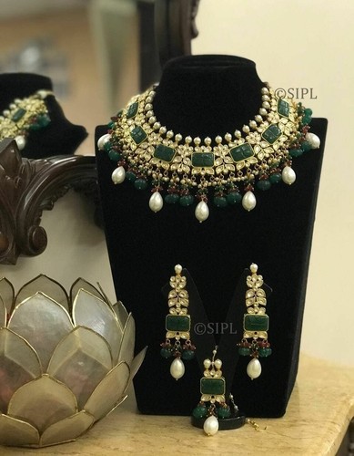 Designer Gold Plated Bollywood Style Jewelry Indian Kundan Emerald Necklace Tika - Picture 2 of 6