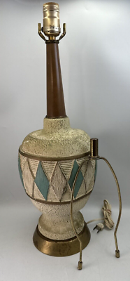MCM Jo Wallis Gold TEAL Cream Diamond Teak Table Lamp Mid Century