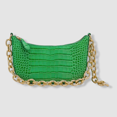 $826 L'Afshar Women's Green Gabi Croc-Embossed Leather Gold Chain Shoulder Bag