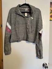 Victoria  s Secret PINK Womens Cropped Hoodie Large Gray Pullover Sweatshirt NWT