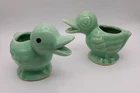 TWO VINTAGE SHAWNEE MCCOY MINTY GREEN BABY DUCK PLANTERS EASTER CERAMIC