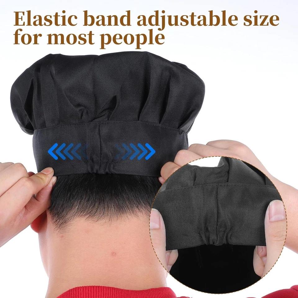 Pack de 2 Sombreros de Chef Negros - Gorras de Cocina de Algodón Ajustables para Hogar, Restaurante y H Foto 4 de 4
