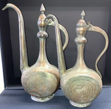 Antique 19th Century Pair of Qajar Islamic Copper Pitcher Teapots Hand Engraved