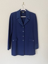 ST JOHN EVENING BLUE CRYSTAL LONG BLAZER JACKET SZ 10