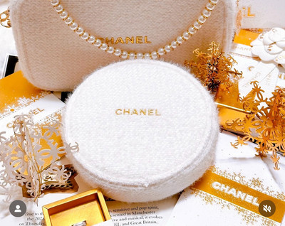 Chanel Beaute White Wool Round Cosmetic Bag Purse Make Up Bag New