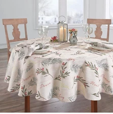 ELRENE HOME CHRISTMAS HOLIDAY TREE TRIMMINGS OVAL BEIGE TABLECLOTH 60"x 84" NEW