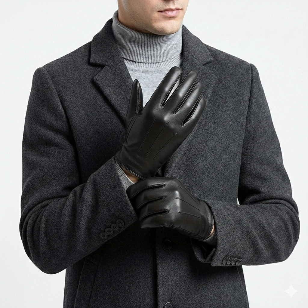 Men’s Genuine Sheep Leather Gloves Soft Black Winter Dress Driving Gloves