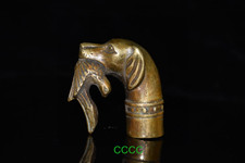 Rare Handmade Bronze Carving Dogs Bite Eagles Cane Walking Stick Head Statue