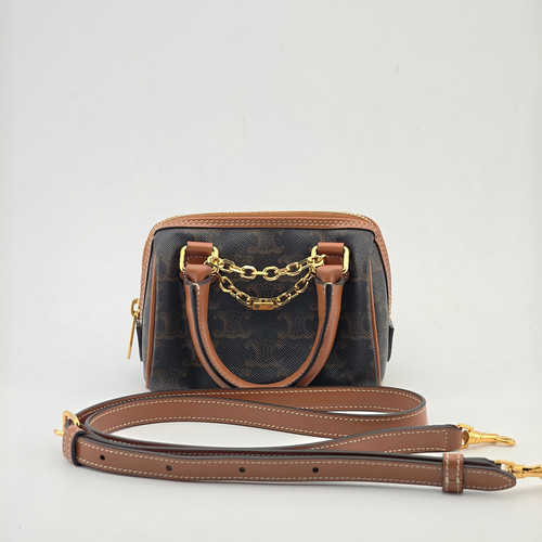 CELINE Triomphe Mini Chain Bag Monogram Canvas Brown Gold Chain Crossbody 14cm