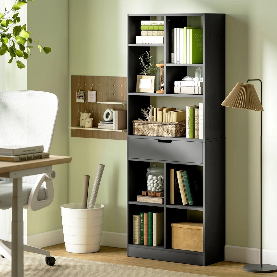 HOMCOM Libreria Moderna in Legno con Cassetto Centrale 60x26x158 cm Nero - Immagine 3 di 4