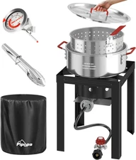 10QT Fish Fryer Pot with Lid | 9Inch Fryer Tong | 8QT Basket | 6Inch Thermometer