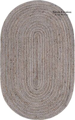 Oval Rug Grey Jute Carpet Mat Farmhouse Natural Handmade Braided Rustic Look