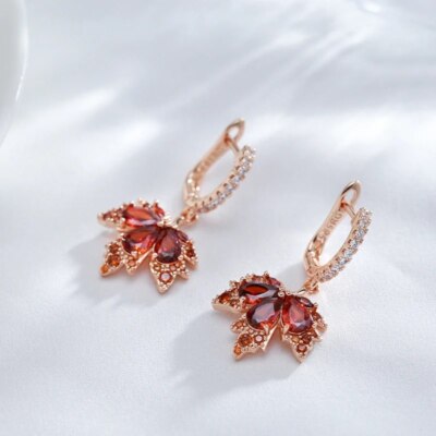 Earrings drop earrings Huggies 585 RG rose gold rose gold with garnet red zircon
