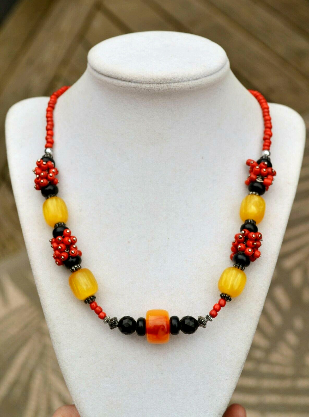 Antique/vintage plastic &glass bead necklace yellow/r… Gem