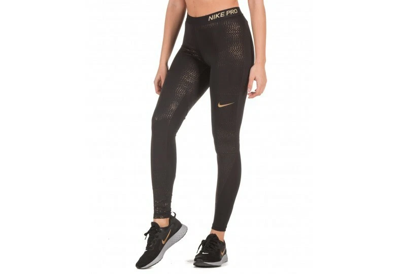 Womens Nike Pro Sparkle Gold Training Tights Sz XS Black Metallic Gold 01 |