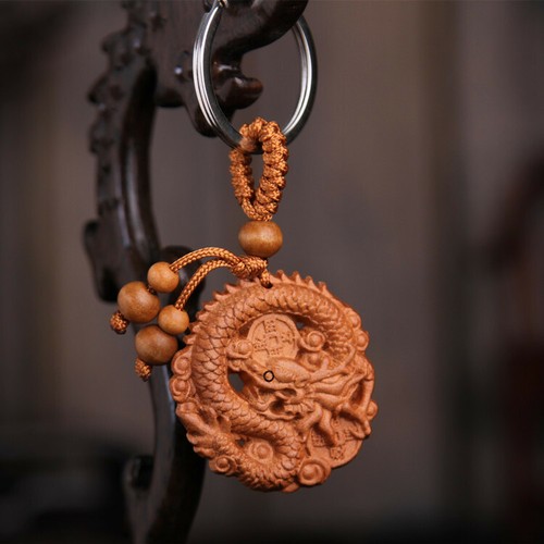 Ciondolo anello portachiavi statua animale zodiaco cinese dodici intaglio legno 3D - Foto 7 di 27