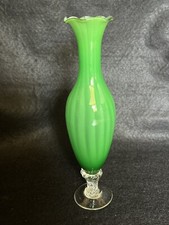 Retro Green Glass Bud Vase Hand Blown Ruffled Rim Mellon Stripe Clear Stem Base