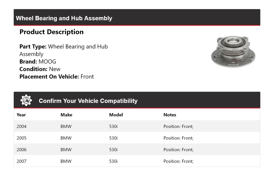 Conjunto de cojinete de rueda y buje delantero MOOG 2004 2005 2006 BMW 530i 2004-2007 Foto 2 de 4