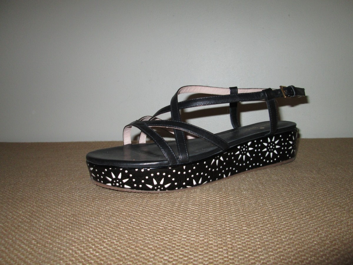 KATE SPADE Tonie Strappy Black Leather Sandals Laser-Cut Floral