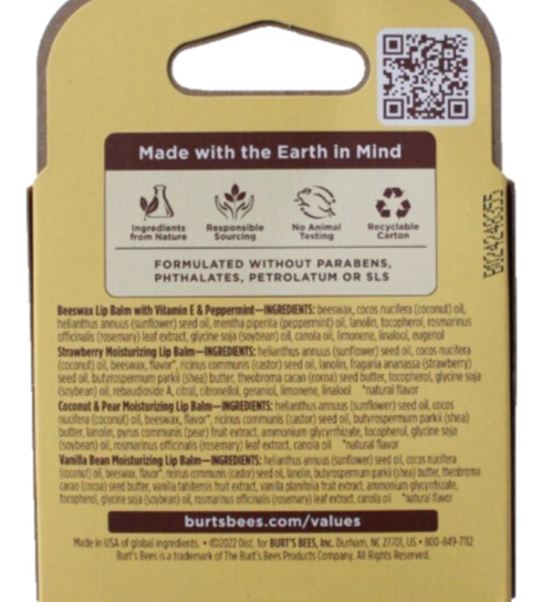 16-Sticks / Burt's Bees Lip Balm Variety - Beeswax, Strawberry, Coconut, Vanilla