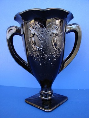 VTG L. E. Smith Black Amethyst Glass Trophy Vase Dancing Nymphs 1930's Art Deco