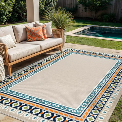 #ad Indoor Outdoor High Low Textured Area Rug Coastal Border Easy Clean Patio R... $158.99