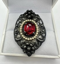 VTG Antique Dress Clip Brooch Red Glass? Black Seed Pearl Estate Sale Filigree