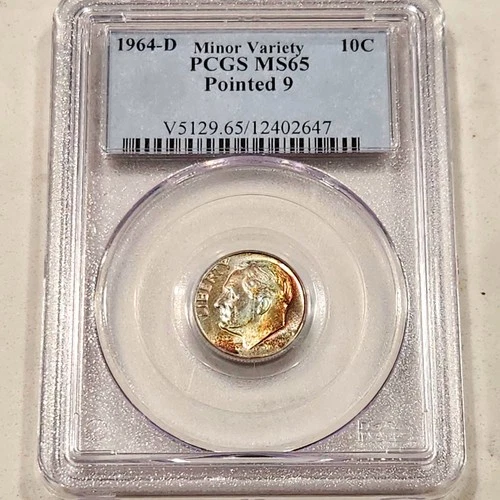 1964-D Roosevelt Dime ~ PCGS MS65 Minor Variety Pointed 9 ~Monster Rainbow Toned