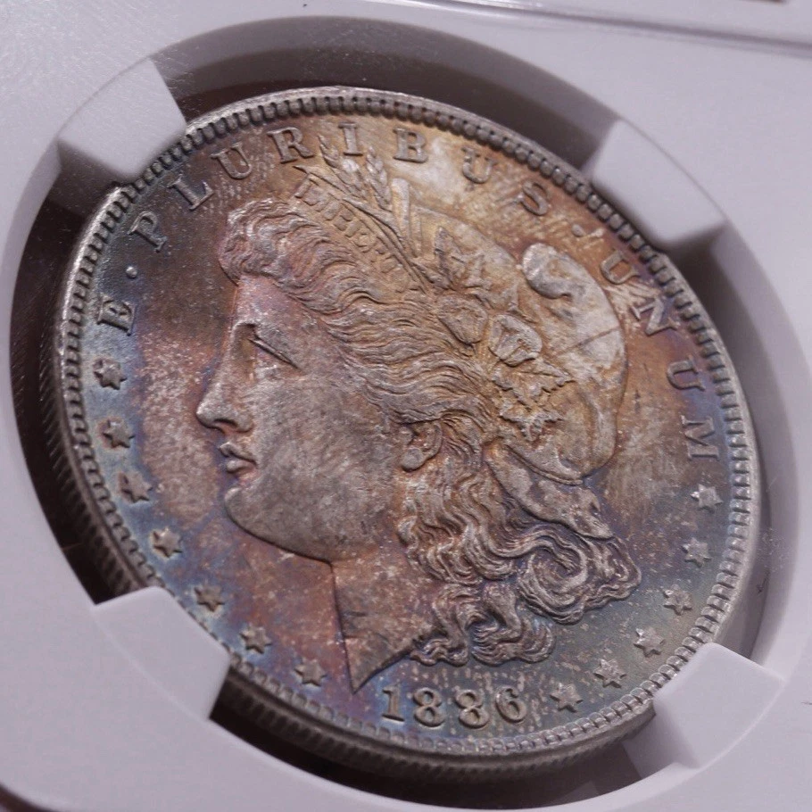 1886 $1 Morgan Silver Dollar NGC MS64 Full Toning Red Blue Purple Gold Coin - Image 2 of 4